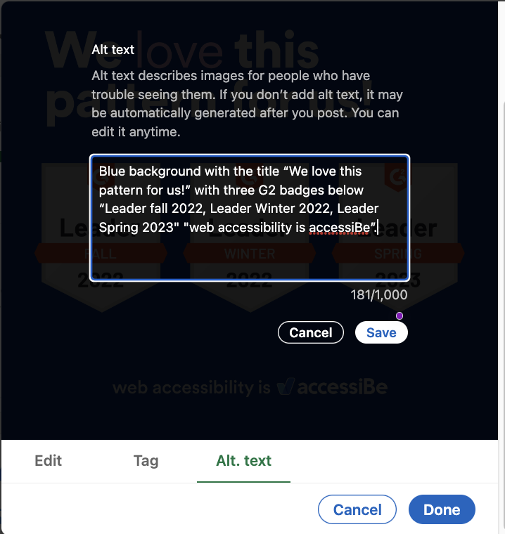 Screenshot showing where to place the alternative text saying "Blue background with the title we love this for us with three G2 badges below Leader fall 2022 Leader winter 2022 leader spring 2023 web accessibility is accessiBe"