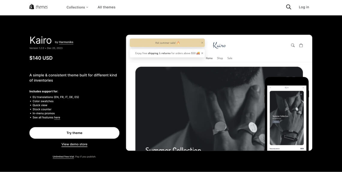 Screenshot of the Kairo theme on the Shopify theme store.