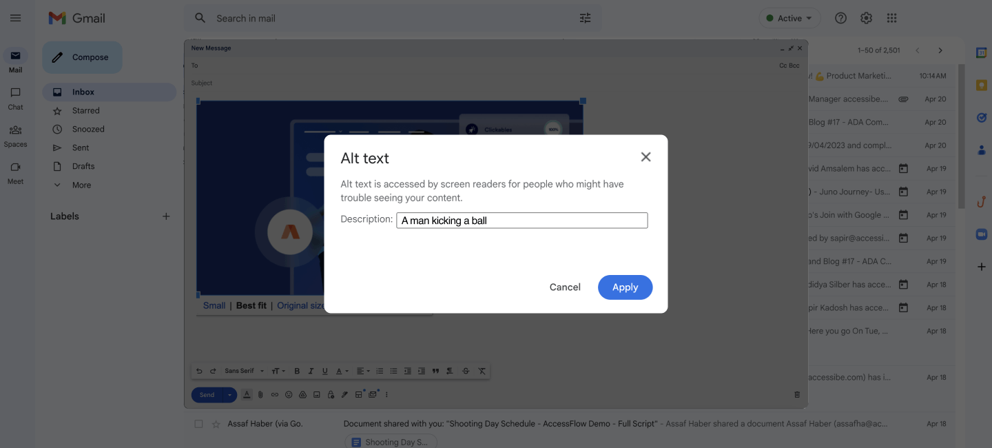 A screenshot of alt text added to an image in a Gmail draft.