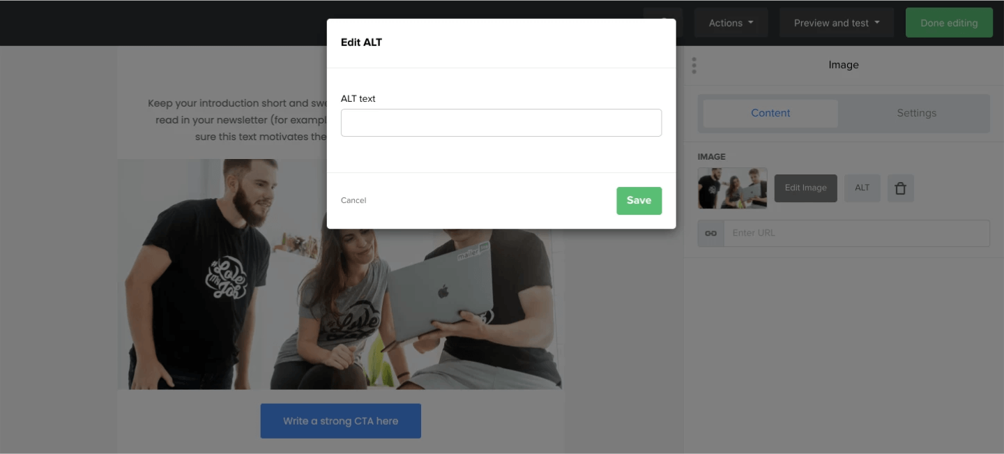 Screenshot of alt text field appearing within MailerLite's email editor.