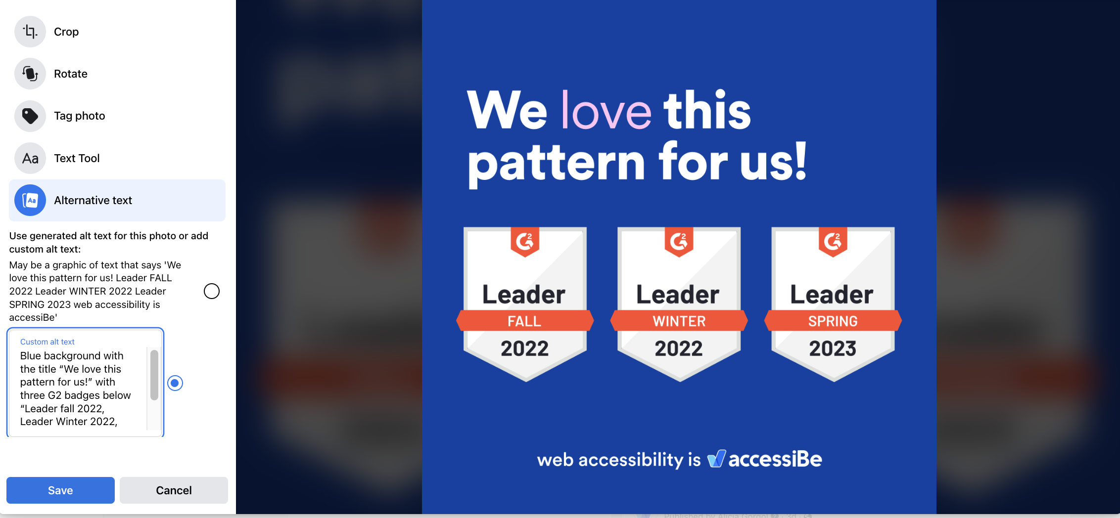 Blue background with title “We love this pattern for us!”, title written in white with the word “love” highlighted in pink. Below it, three G2 badges “Leader Fall 2022, Leader Winter 2022, Leader Spring 2023”. Below it “web accessibility is”, logo accessiBe on Facebook