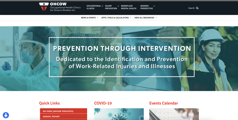 Screenshot of Occupational Health Clinics for Ontario Workers' homepage.