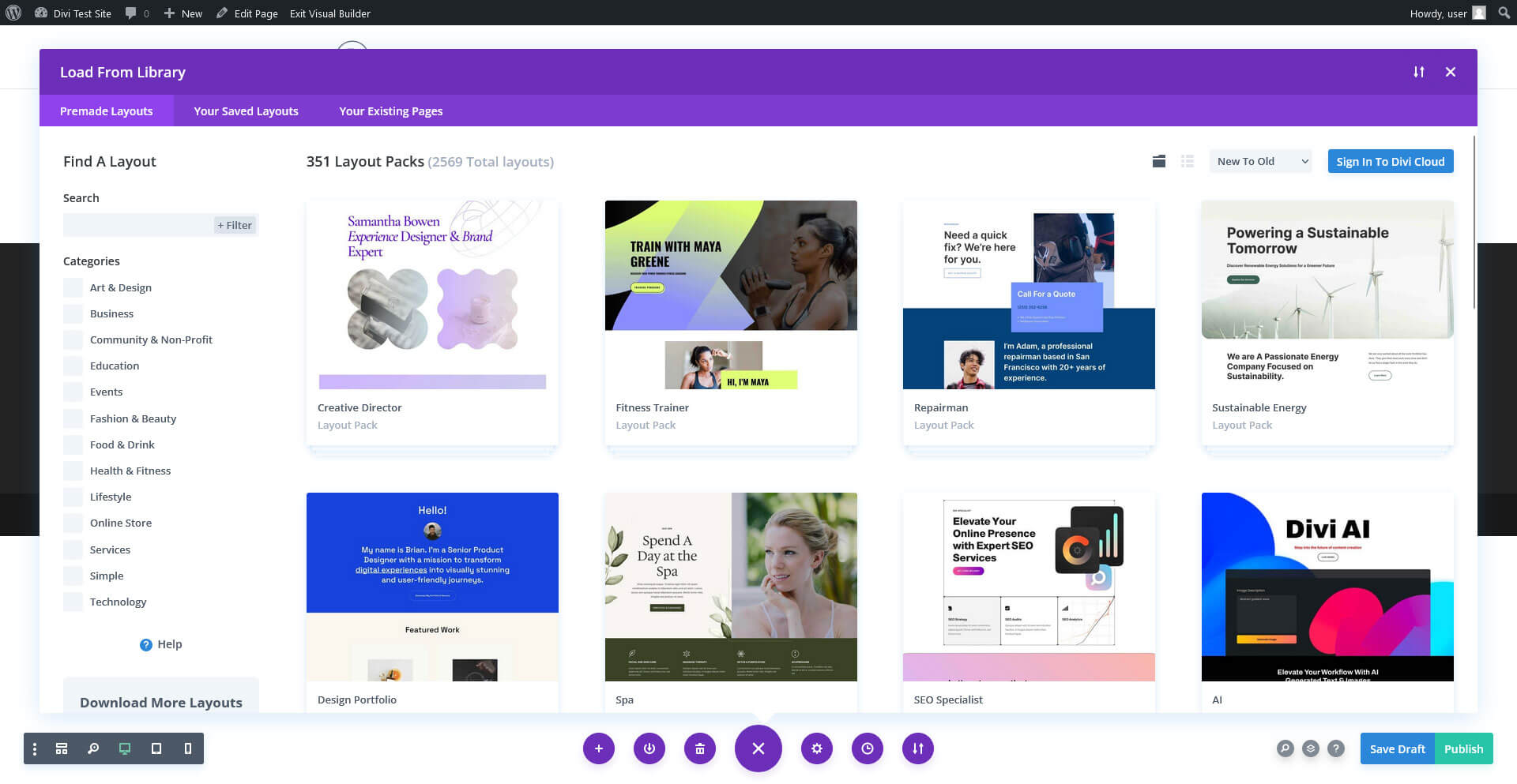 Screenshot of the divi layout pack menu.