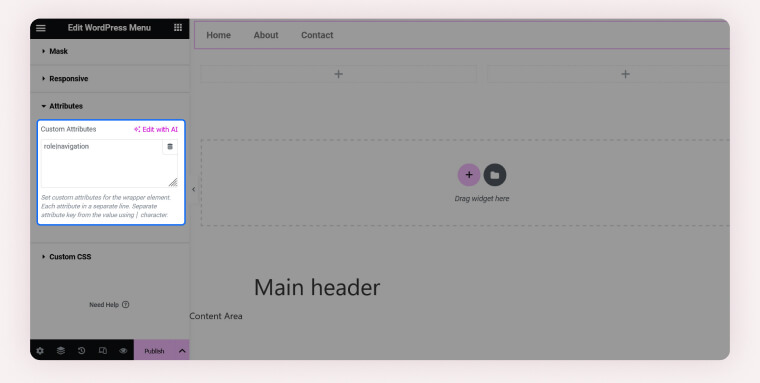 Screenshot of the "Edit WordPress Menu" panel in Elementor, showing the "Attributions" section where role|navigation is entered in the Custom Attributes field to assign a navigation role.