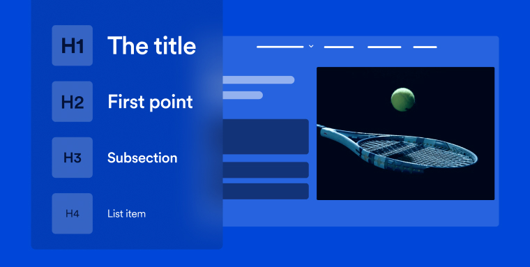 A typical blog’s heading structure, with 4 heading levels, each with smaller text: H1 - the title; H2 - first point; H3 - subsection; H4 - list item.