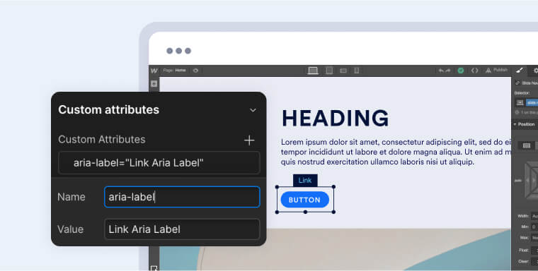 Custom attribute section of the settings panel in the Webflow designer. Name =aria-label Value=dynamic value from CMS collection.