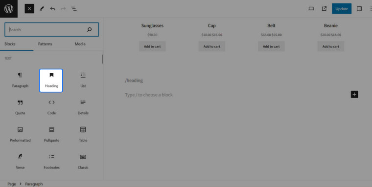 Screenshot of WordPress editor in which the headings are selected by adding /heading within the editor.