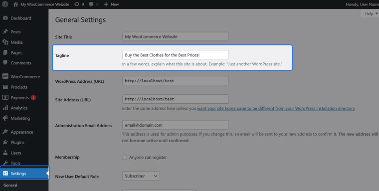 Screenshot of the General Settings section in WordPress where you can add a Site Title and Tagline.