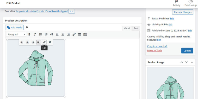 Screenshot of WooCommerce product description editor; a toolbar with a highlighted Edit button is displayed over an image of a hoodie.