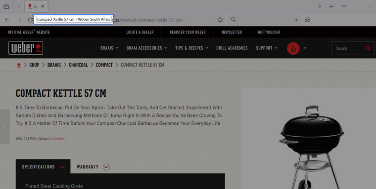 Screenshot of a product page; a tooltip that says ‘Compact Kettle 57 cm - Weber South Africa’ is displayed below the page tab in the browser.