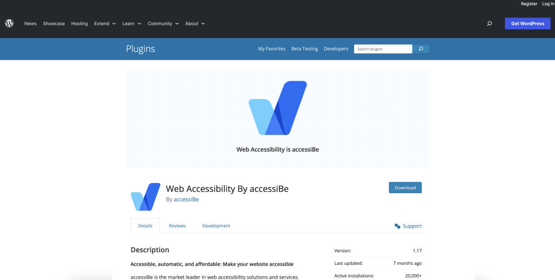 Screenshot of the accessWidget plugin on the WordPress plugin directory.