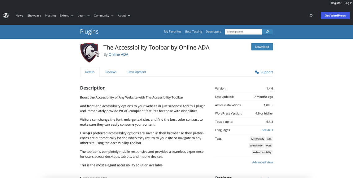 Screenshot of the Accessibility Toolbar plugin on the WordPress plugin directory.