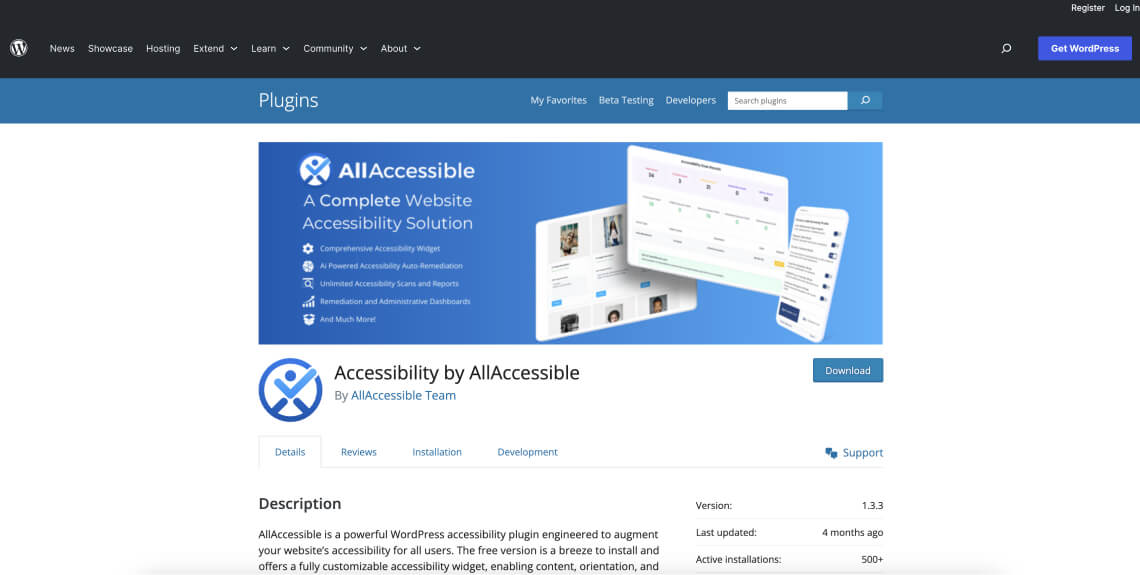 Screenshot of the AllAccessible plugin on the WordPress plugin directory.