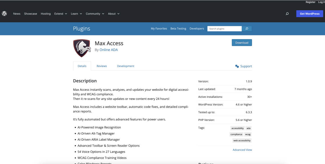 Screenshot of the Max Access plugin on the WordPress plugin directory.