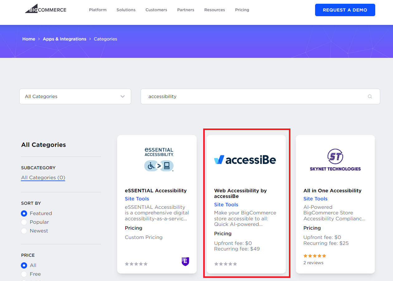 Screenshot of Bigcommerce marketplace