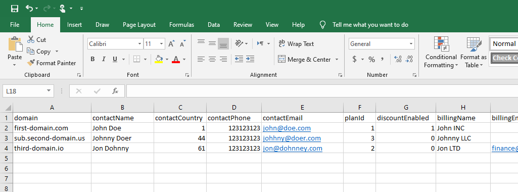 Screenshot of example CSV file