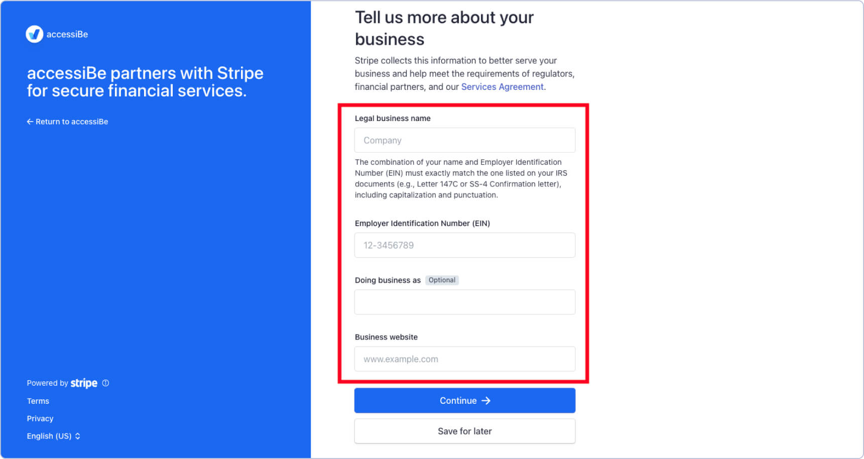 Screenshot of the next step of setting up your Stripe account - Tell us more about your business - highlighting the business information section