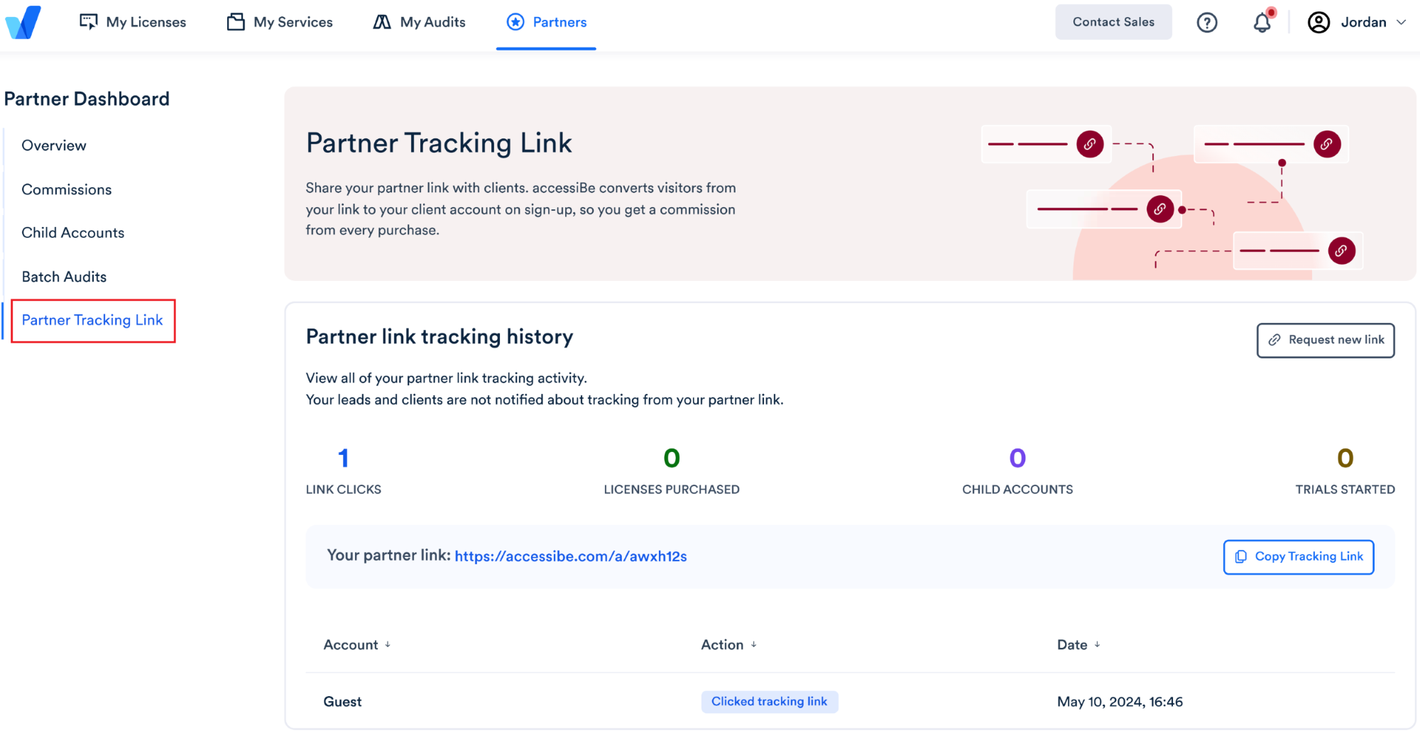 Screenshot of partner tracking link