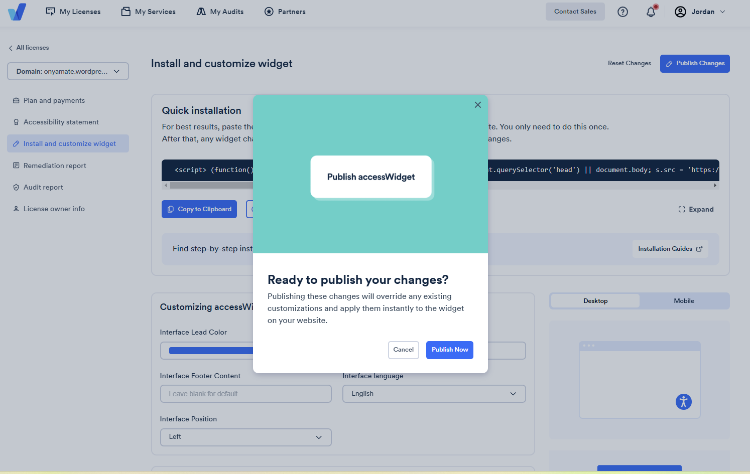 Screenshot of publish now