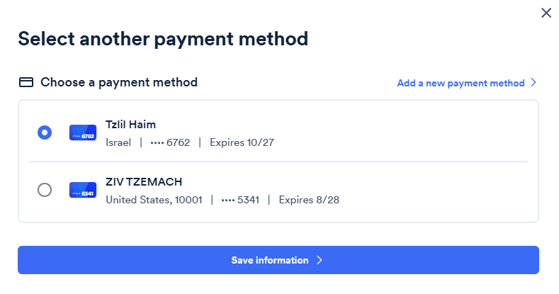 Screenshot of select another payment method